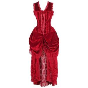 Steel Boned Dark Red Velvet Victorian Bustle Corset Dress